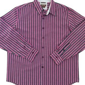 Michael Kors Men’s Striped Button Down Shirt Pink Grey White Cotton XL
